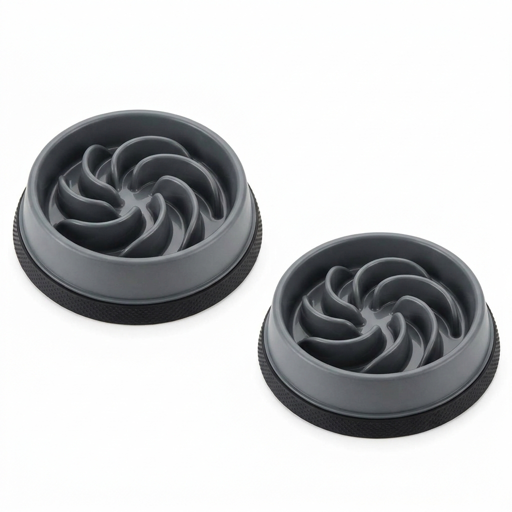 Gray and black slow feeder dog and cat bowl 2-pack with non-slip maze design