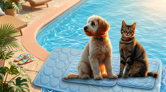 Dog and cat staying cool on an ice silk cooling mat by the pool in summer