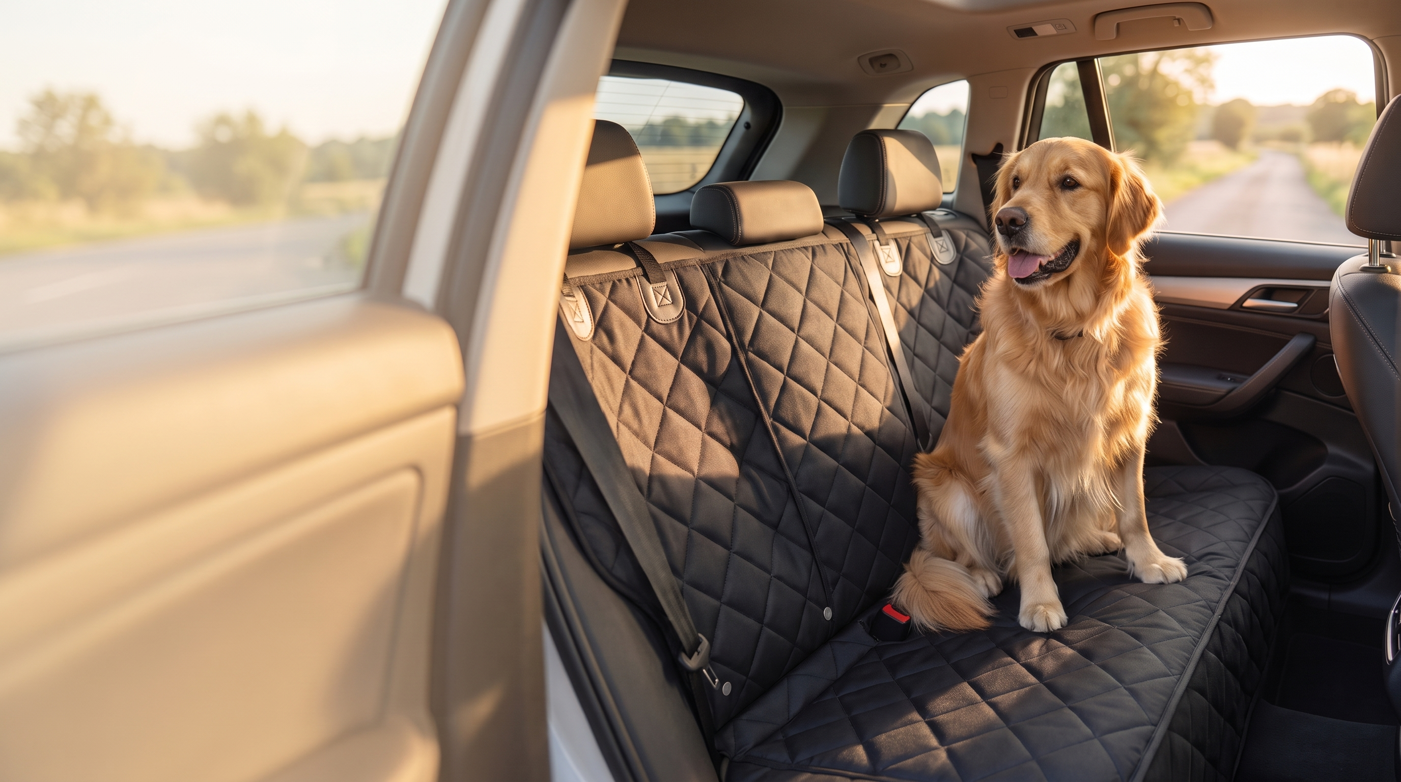 Happy dog sitting on a black quilted waterproof seat cover in the back of a clean car