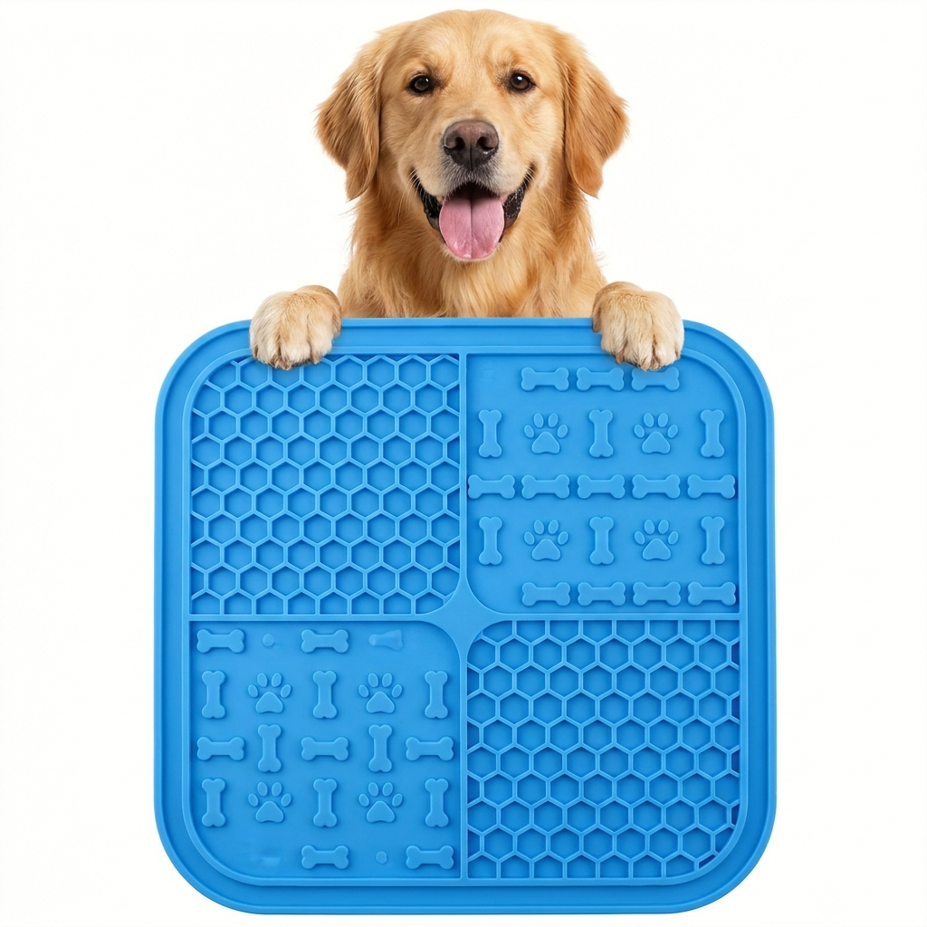 Golden retriever with blue silicone lick mat with honeycomb texture for dogs and cats