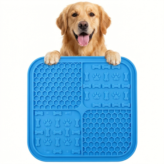 Golden retriever with blue silicone lick mat with honeycomb texture for dogs and cats