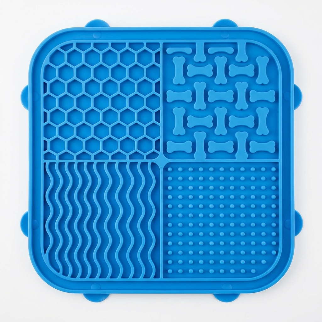 Blue silicone lick mat with four textured sections and suction cups for dogs and cats