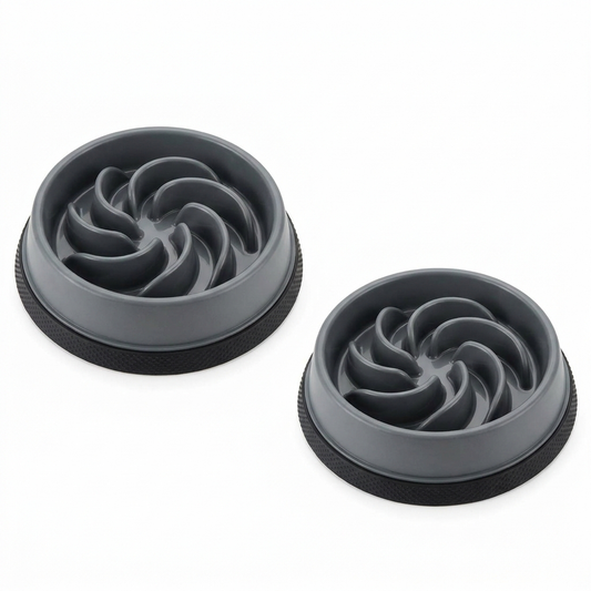 Gray and black slow feeder dog and cat bowl 2-pack with non-slip maze design