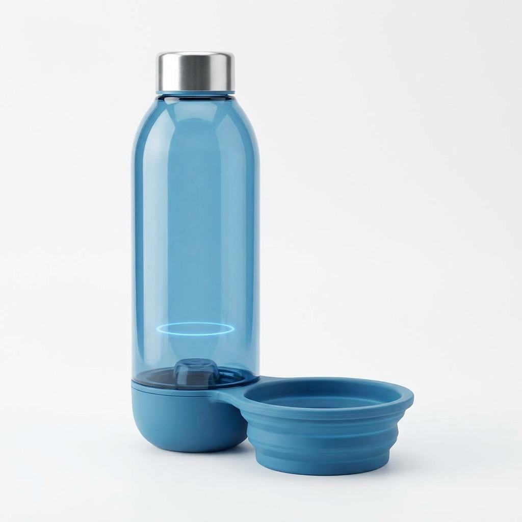 Blue smart dog water bottle with ozone purification and foldable travel bowl